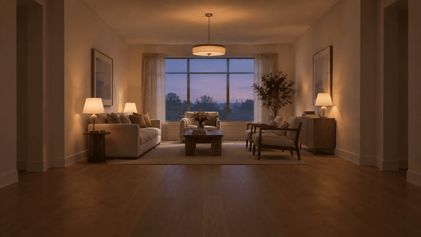 A freshly restored living room at dusk — refinished hardwood floors, warm lamplight, and the sunset skyline through tall windows